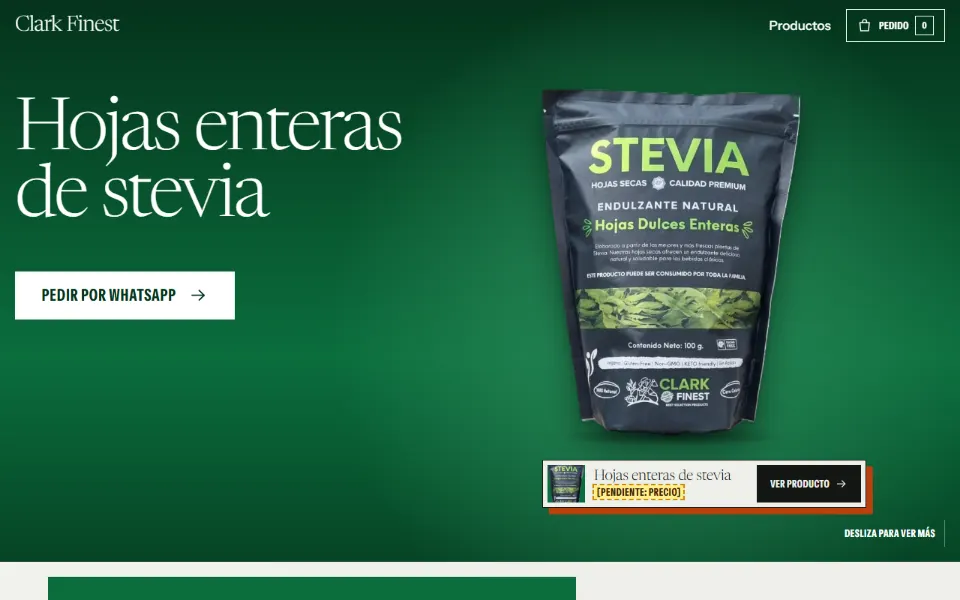 Página del producto de ejemplo Clark Finest en el estilo audaz: titular en serif muy grande sobre un fondo verde a sangre, la foto de la bolsa a un lado y una barra de compra con sombra sólida.