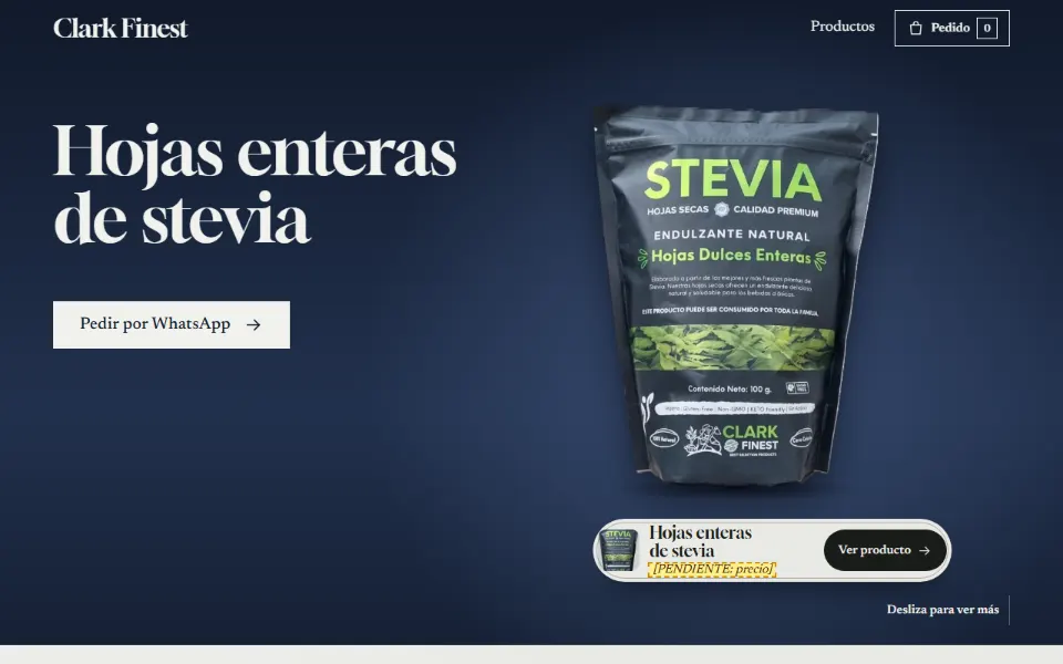 Página del producto de ejemplo Clark Finest en el estilo editorial: titular en serif de trazo grueso sobre azul oscuro, mucho espacio libre y la foto de la bolsa a un lado.