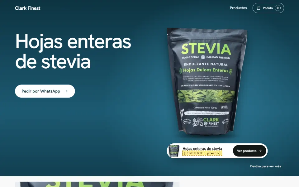 Página del producto de ejemplo Clark Finest en el estilo limpia: tipografía sans, fondo azul petróleo, botones redondeados y la foto de la bolsa a un lado.